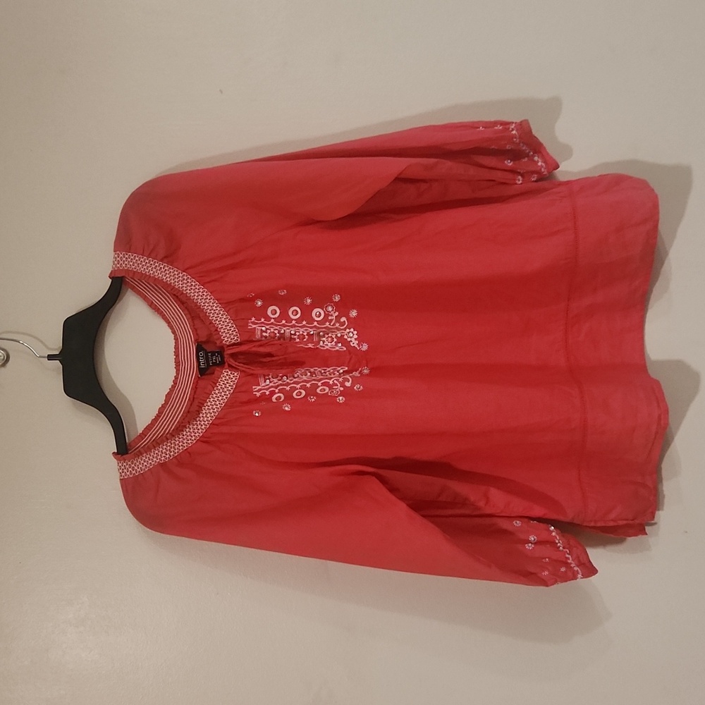 Women's pink 3/4 sleeve tie neck top with embroidery, sequins & beads, pxl